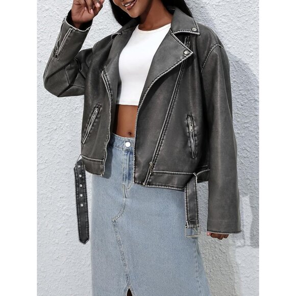 Women's Grey Faux Leather Lapel Collar Zip Up Long Sleeve Short Coat Jacket - Picture 3 of 6